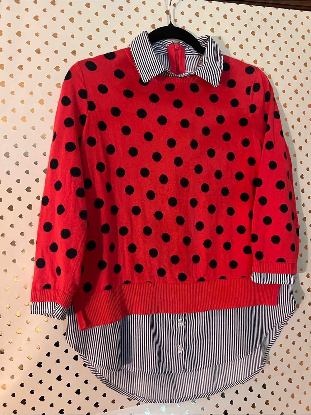 crown & ivy Red Polka Dot Layered Sweater Top with Striped Shirt Detail